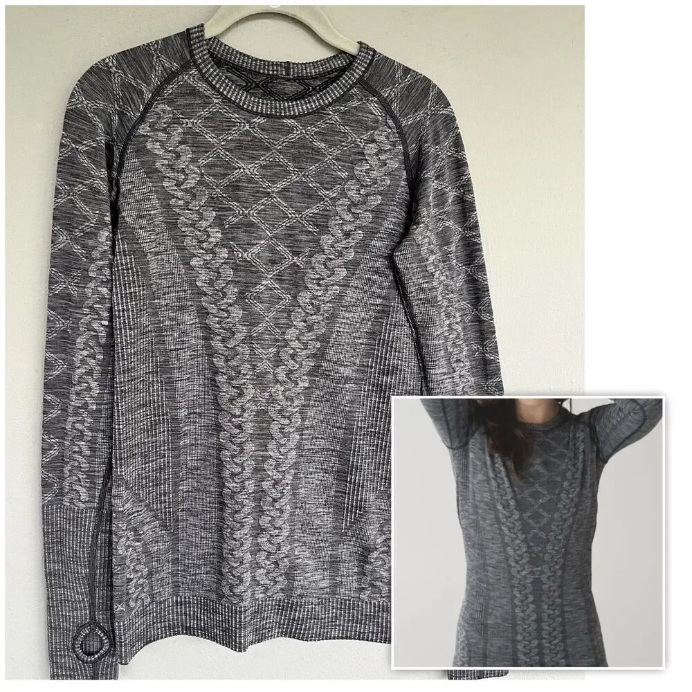 Lululemon Rest Less Pullover Size 2 Heather Black Ribbed Mid Layer Thumhole Grey